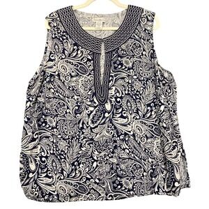 Susan Bristol Black White Paisley Linen Blend Embroidered Split Neck Top 3X